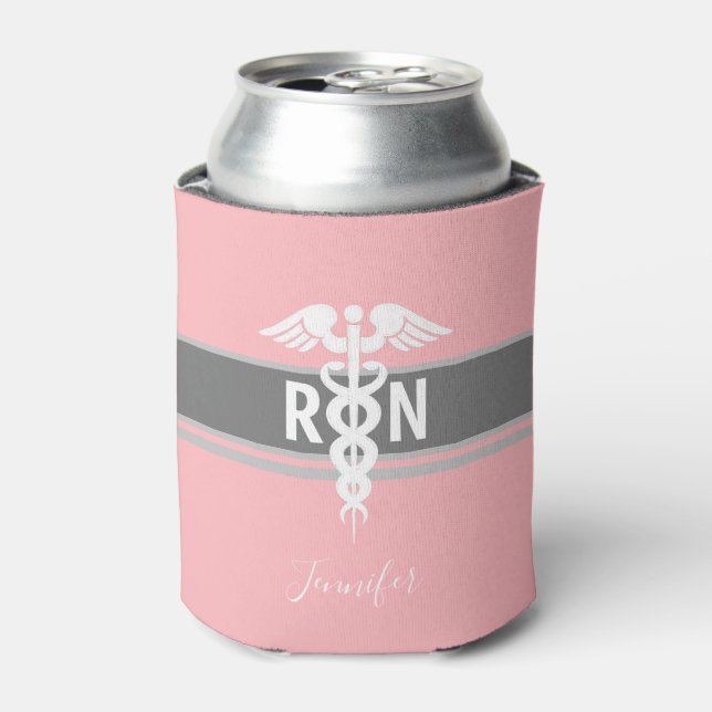 Nurse Medical Caduceus Pink Personalized Can Cooler (Can Front)