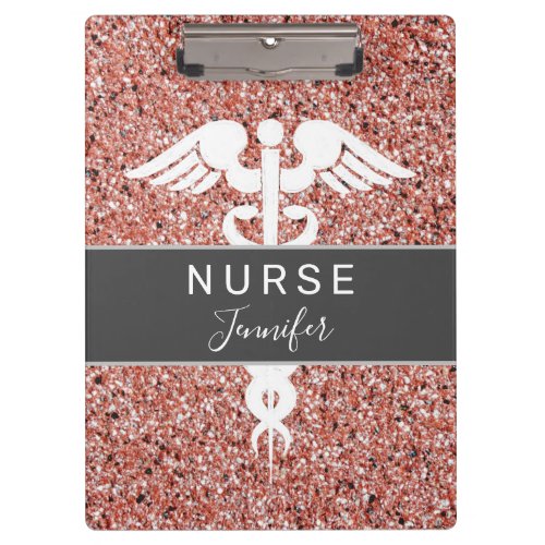 Nurse Medical Caduceus Pink Rose Glitter Name  Clipboard