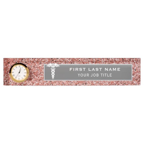 Nurse Medical Caduceus Rose Gold Pink Glitter  Desk Name Plate