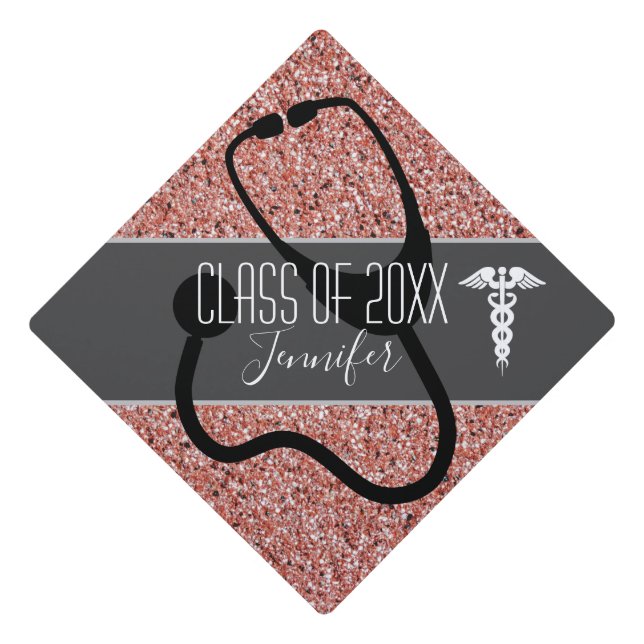 Nurse Medical Caduceus Stethoscope Pink Glitter Graduation Cap Topper (Front)