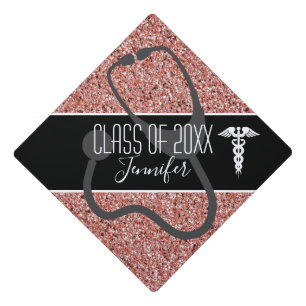 Nurse Medical Caduceus Stethoscope Pink Rose Gold Graduation Cap Topper