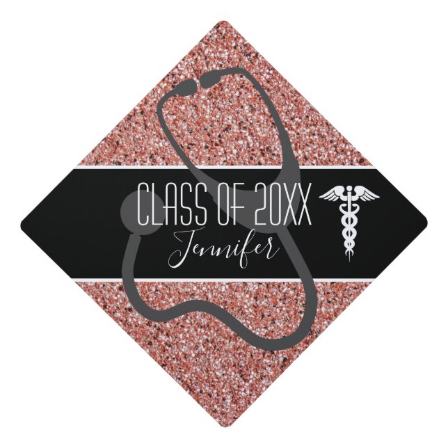 Nurse Medical Caduceus Stethoscope Pink Rose Gold Graduation Cap Topper (Front)
