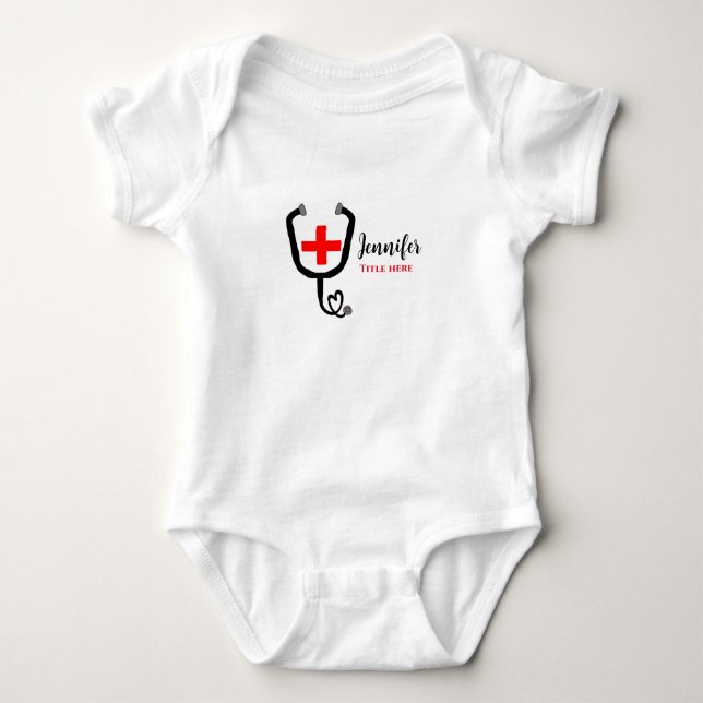 Nurse medical doctor red plus stethoscope add name baby bodysuit (Front)