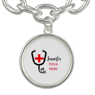 Nurse medical doctor red plus stethoscope add name bracelet