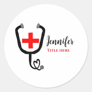 Nurse medical doctor red plus stethoscope add name classic round sticker