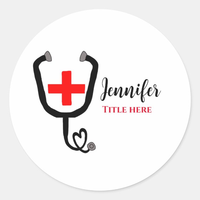 Nurse medical doctor red plus stethoscope add name classic round sticker (Front)