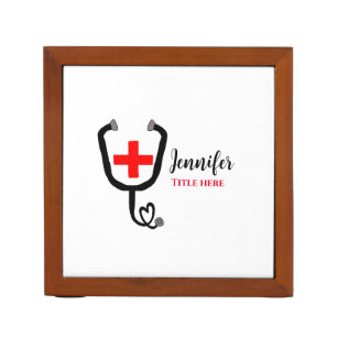 Nurse medical doctor red plus stethoscope add name desk organizer