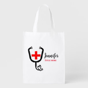 Nurse medical doctor red plus stethoscope add name grocery bag