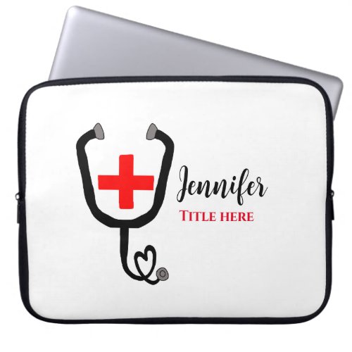 Nurse medical doctor red plus stethoscope add name laptop sleeve