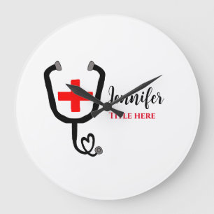 Nurse medical doctor red plus stethoscope add name large clock