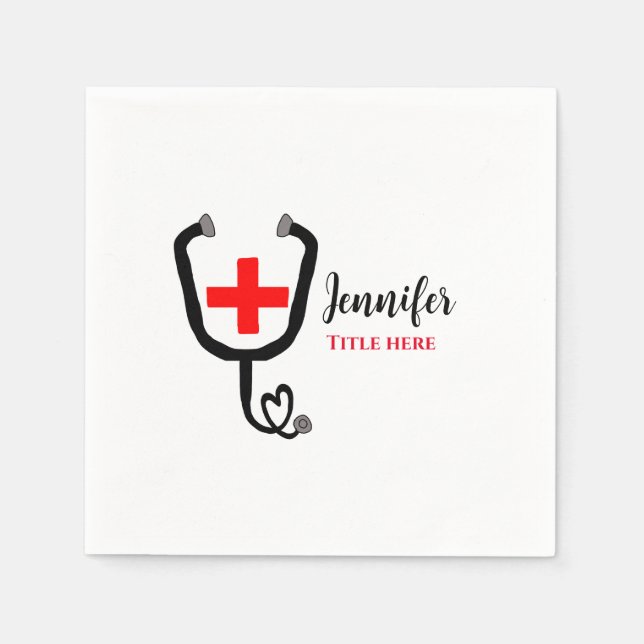 Nurse medical doctor red plus stethoscope add name napkins (Front)
