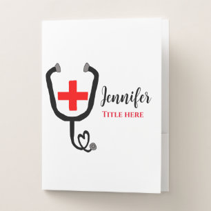 Nurse medical doctor red plus stethoscope add name pocket folder