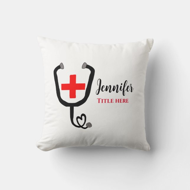 Nurse medical doctor red plus stethoscope add name throw pillow (Front)