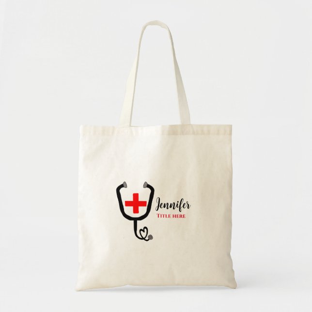 Nurse medical doctor red plus stethoscope add name tote bag (Front)