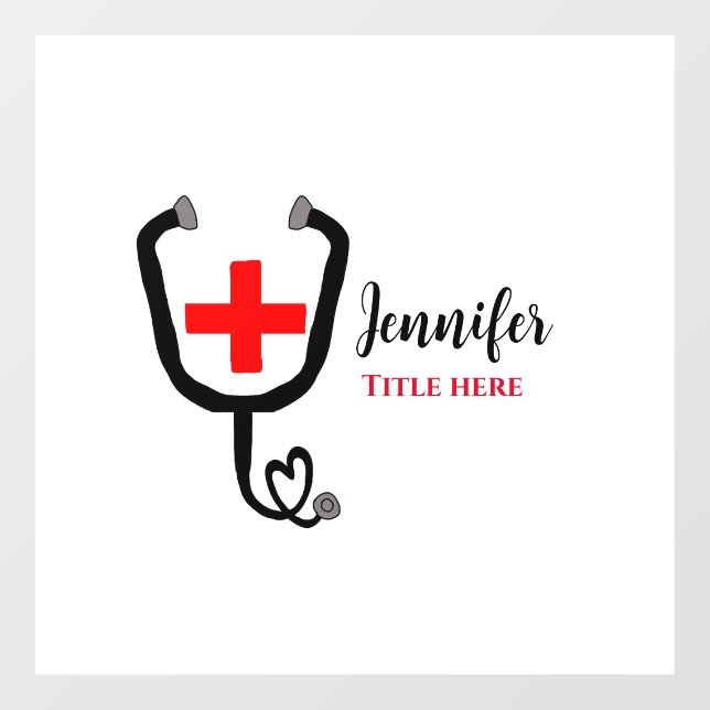 Nurse medical doctor red plus stethoscope add name window cling (Sheet)