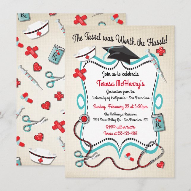 Nurse Medical Graduation Invitation with icons (Front/Back)