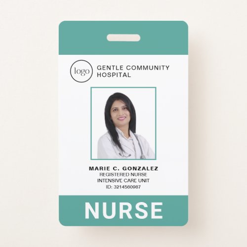 Nurse Medical Green Teal Hospital Logo Photo ID Badge