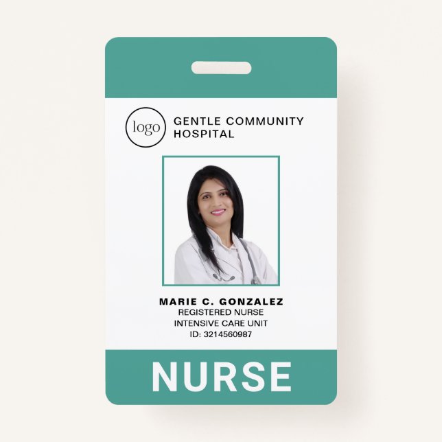 Nurse Medical Green Teal Hospital Logo Photo ID Badge (Front)