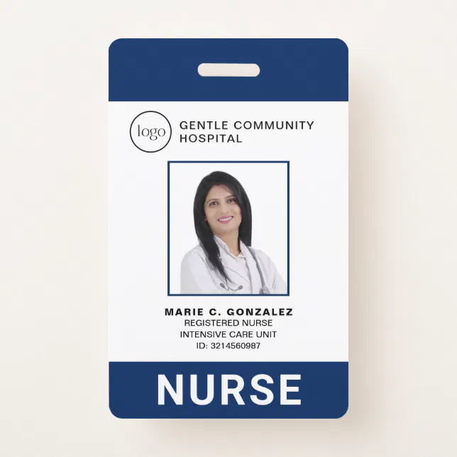 Nurse Medical Navy Blue Hospital Logo Photo ID Badge | Zazzle