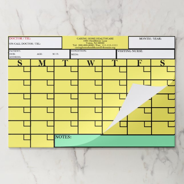 Nurse Medical Patient Monthly Yellow Green Paper Pad (Folded)
