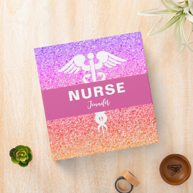 Nurse Medical Rainbow Glitter Personalized 3 Ring Binder (In Situ)
