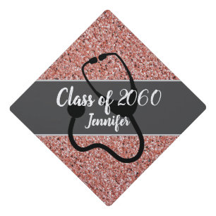 Nurse Medical Stethoscope Rose Gold Glitter Name Graduation Cap Topper