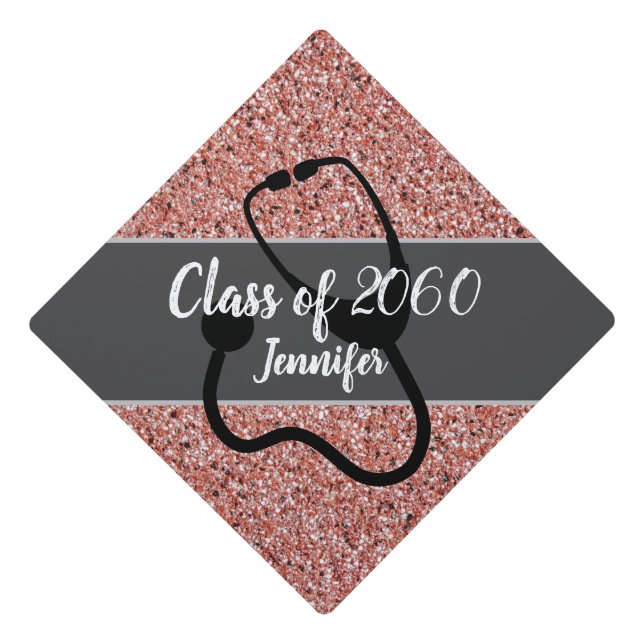 Nurse Medical Stethoscope Rose Gold Glitter Name Graduation Cap Topper (Front)