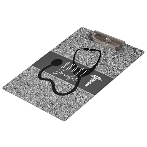 Nurse Medical Stethoscope Silver Glitter Monogram Clipboard