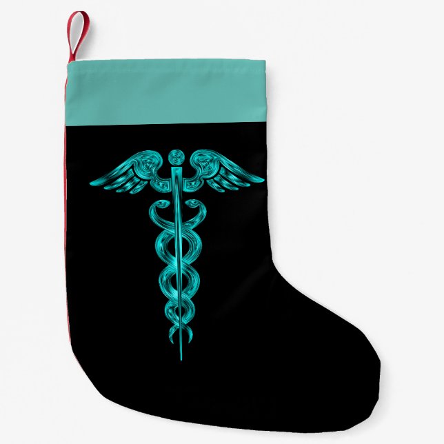 Nurse Medical Turquoise Caduceus Small Christmas Stocking (Front)