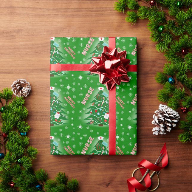 Nurse Merry Christmas Tree Green Background Wrapping Paper (Holiday Gift)