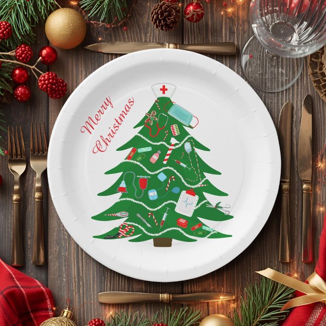 Nurse Merry Christmas Tree Paper Plates (Creator Uploaded)
