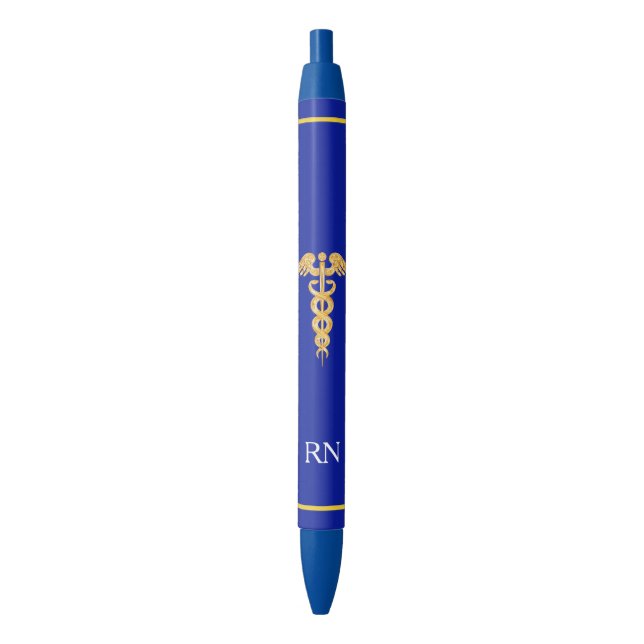 Nurse Monogram & Golden Caduceus on Blue Pen (Front Vertical)