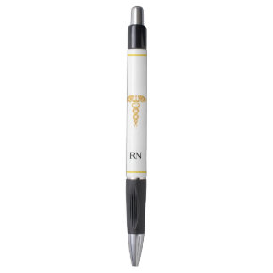 Nurse Monogram & Golden Caduceus on White Pen
