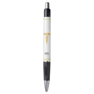 Nurse Monogram & Golden Caduceus on White Pen