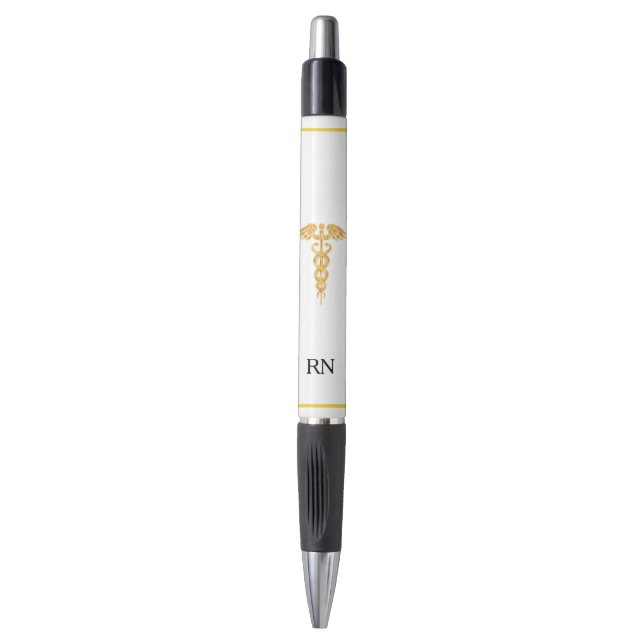 Nurse Monogram & Golden Caduceus on White Pen (Front Vertical)