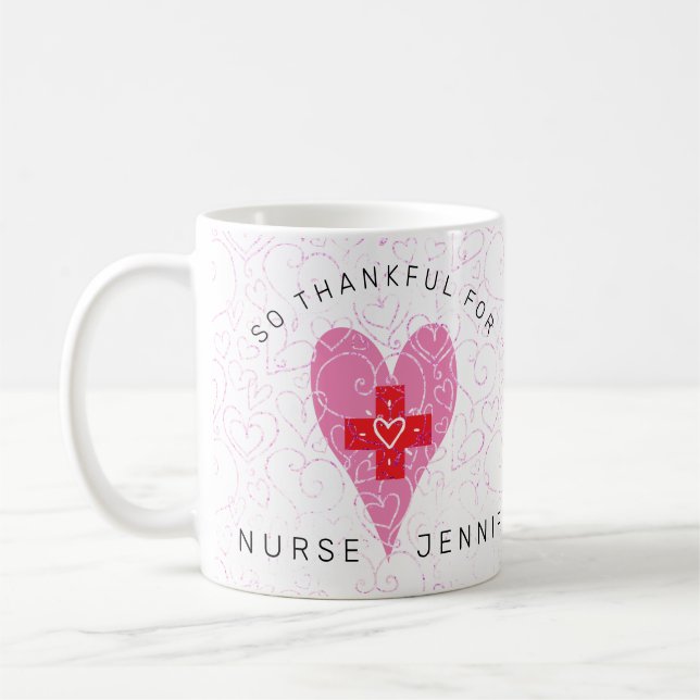 Nurse Monogram Pink Hearts Monogram Name Coffee Mug (Left)