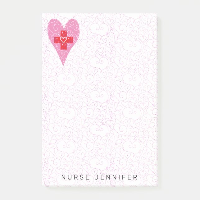 Nurse Monogram Pink Hearts Pattern 4x6 Post-it Notes (Front)