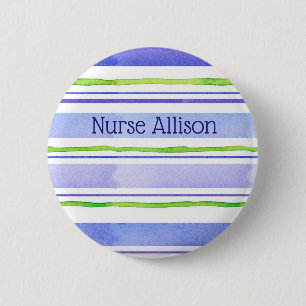 Nurse Name Tag Periwinkle Blue Watercolor Stripes Button