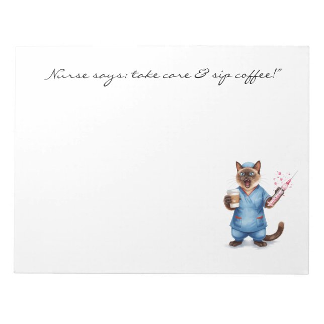 Nurse Notepad with Cute Cat Holding Coffee for Cat (Front)