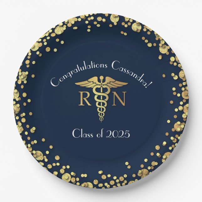 Nurse Nursing School Graduation Navy Blue Gold Paper Plates (Front)