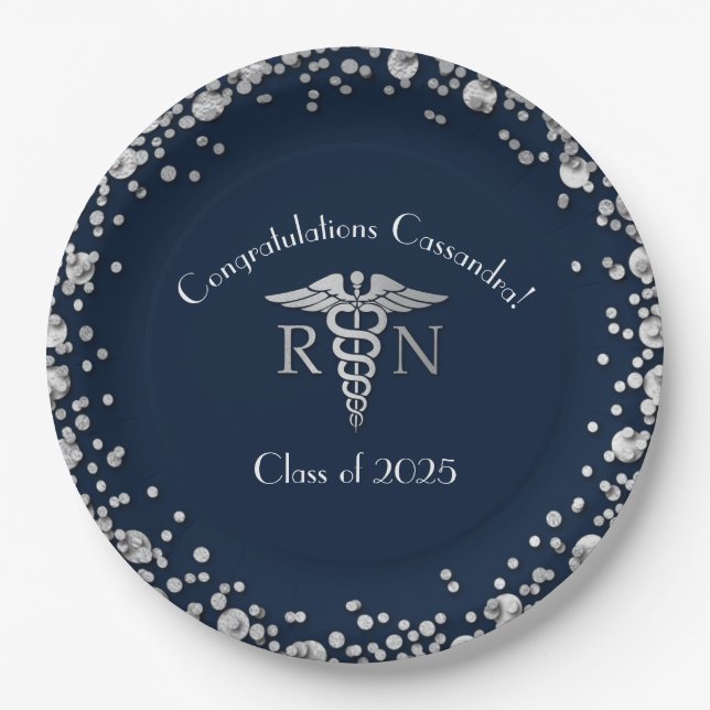 Nurse Nursing School Graduation Navy Blue Silver Paper Plates (Front)