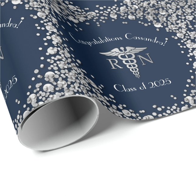 Nurse Nursing School Graduation Navy Blue Silver Wrapping Paper (Roll Corner)
