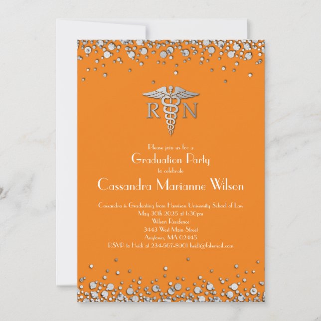 Nurse Nursing School Graduation Orange Silver Invitation (Front)
