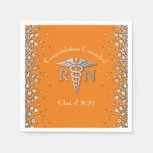 Nurse Nursing School Graduation Orange Silver Napkins (Front)