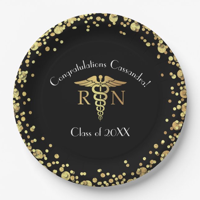 Nurse Nursing School Graduation Party Black Gold Paper Plates (Front)