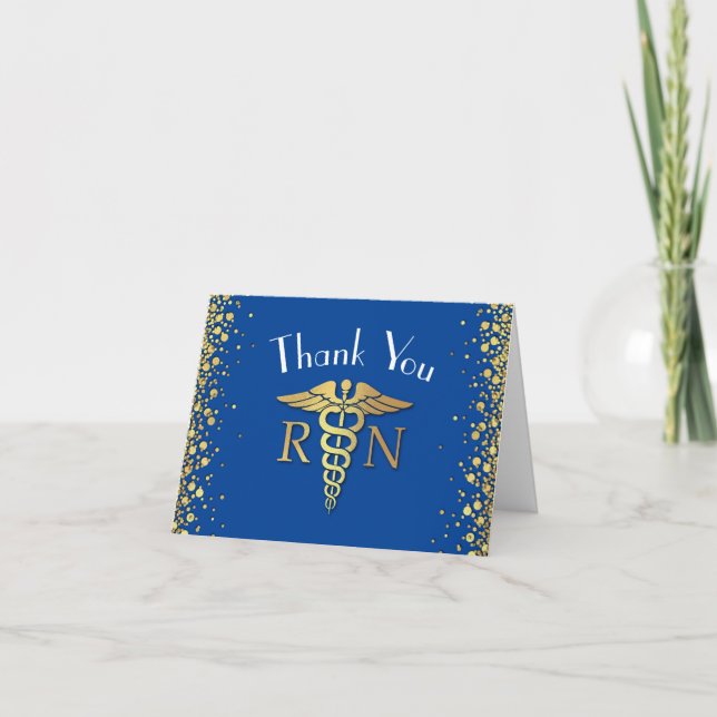 Nurse Nursing School Graduation Party Blue Gold Thank You Card (Front)