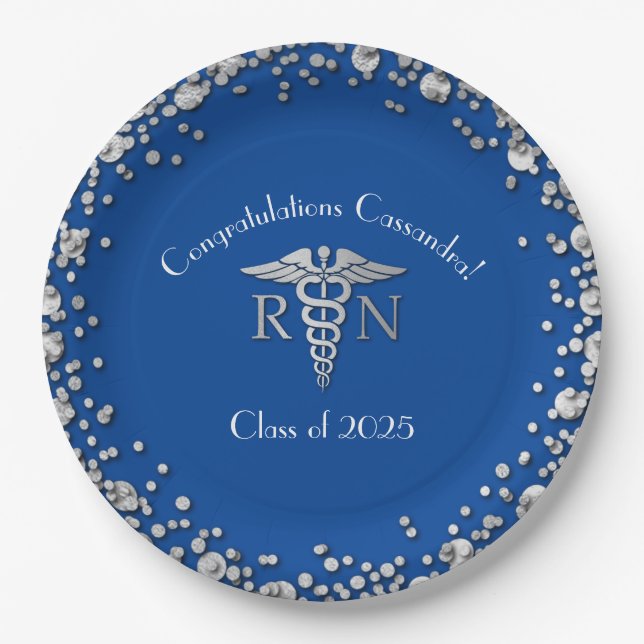 Nurse Nursing School Graduation Party Blue Silver Paper Plates (Front)