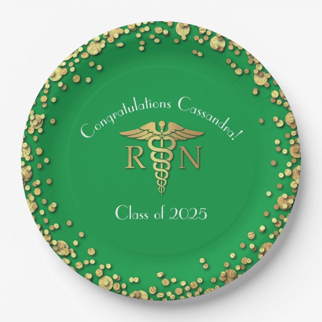 Nurse Nursing School Graduation Party Green Gold Paper Plates (Front)