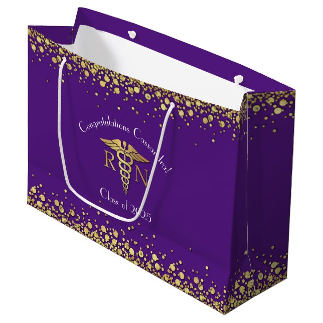 Nurse Nursing School Graduation Party Purple Gold Large Gift Bag (Front Angled)
