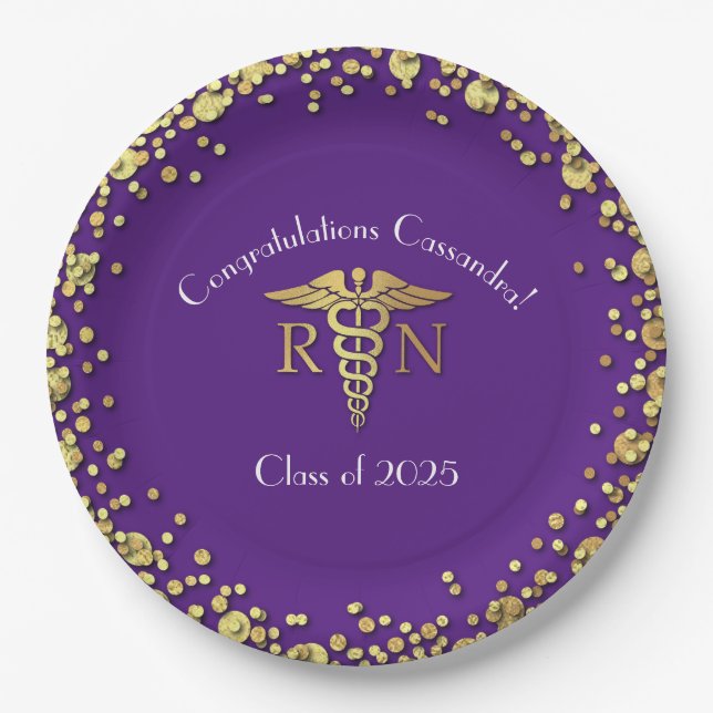 Nurse Nursing School Graduation Party Purple Gold Paper Plates (Front)